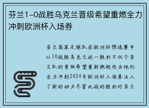 芬兰1-0战胜乌克兰晋级希望重燃全力冲刺欧洲杯入场券