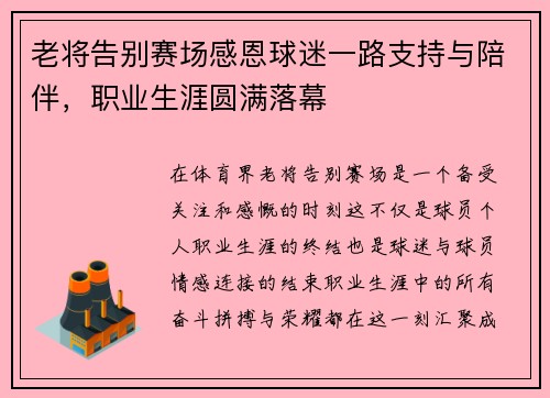 老将告别赛场感恩球迷一路支持与陪伴，职业生涯圆满落幕