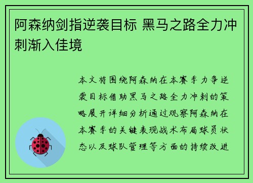 阿森纳剑指逆袭目标 黑马之路全力冲刺渐入佳境